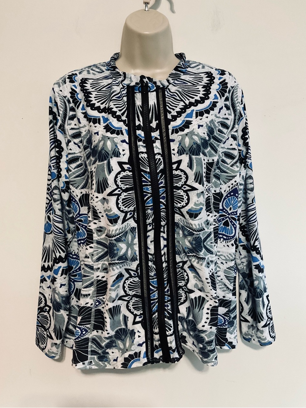 Womens Venus full zip Blue Black White Patterned Long Sleeve Top